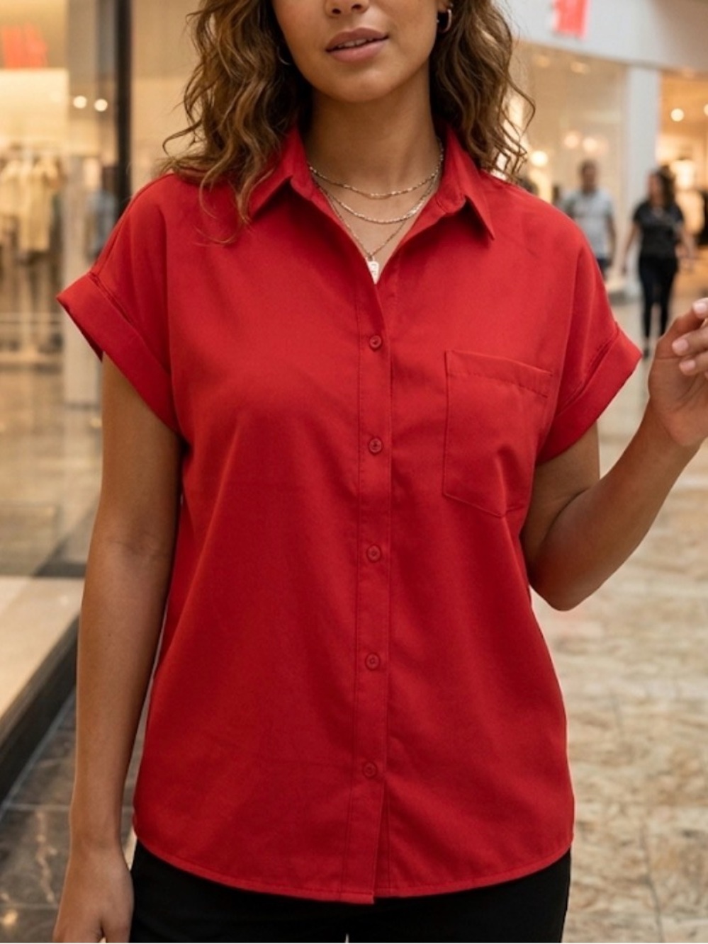 Mango Red Short-Sleeve Button-Down Shirt with Chest Pocket